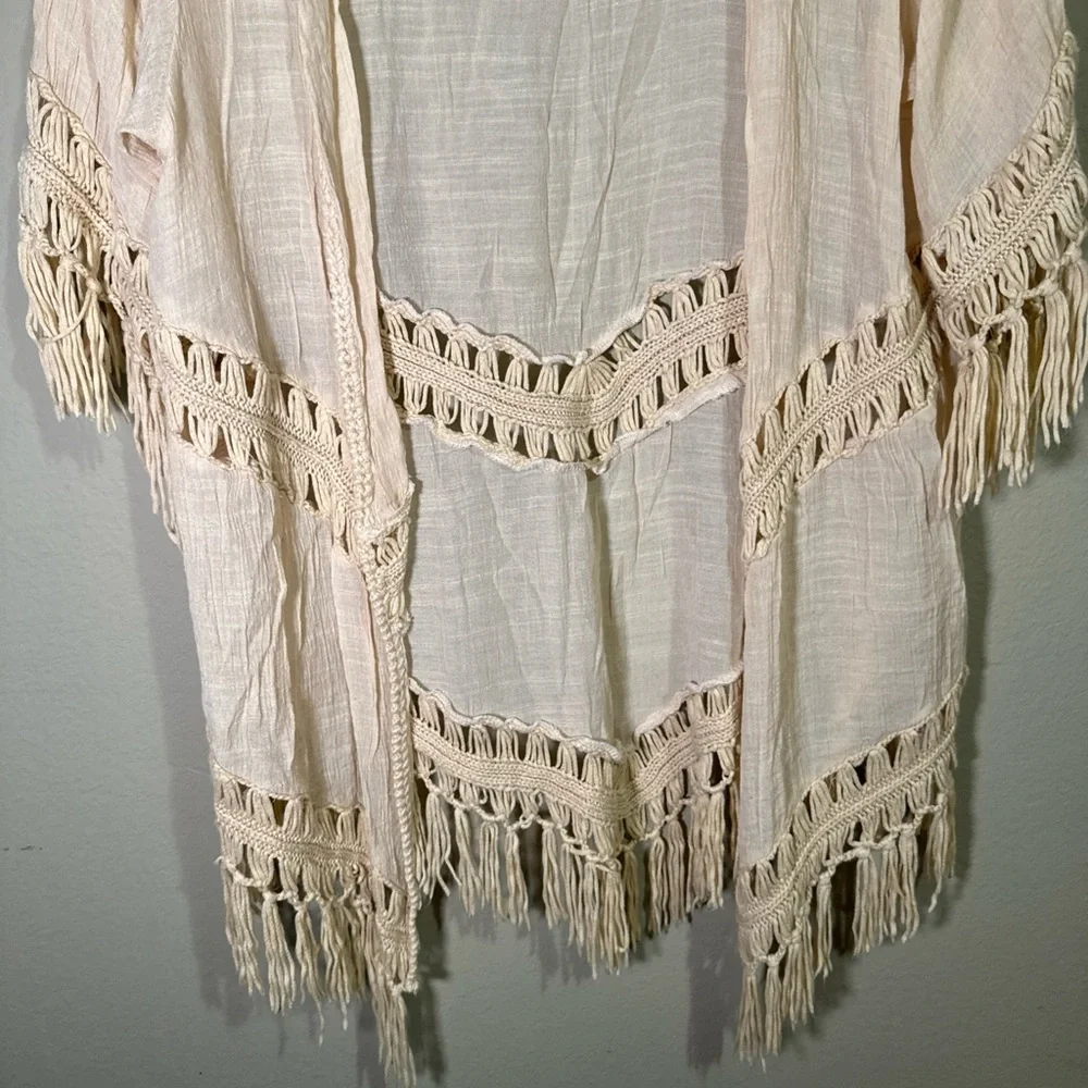 Indigo Soul Lightweight Open Cardigan Med Fringe Short Sleeve Beige Cream Cover